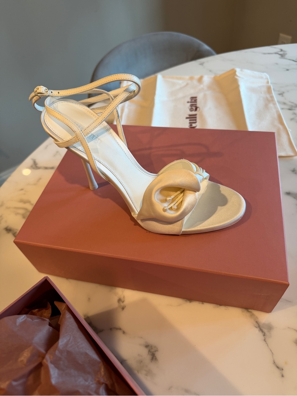 cult gaia Ivory Satin Floral Ankle-Strap Heel